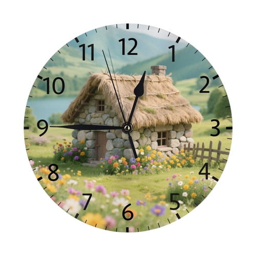 Zhmjortal House And Flower Pattern Round Wall Clock Silent Non Ticking Battery Operated Clock 10 Inch, Kitchen,Home,Bathroom,Bedroom,Office or School