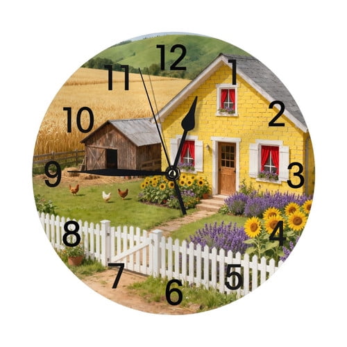 Zhmjortal House And Flower Pattern Silent Wall Clock Round - Non-Ticking Desk Clock Battery Operated Quiet Decorative for Living Room Home Office School Kitchen (10 Inch)