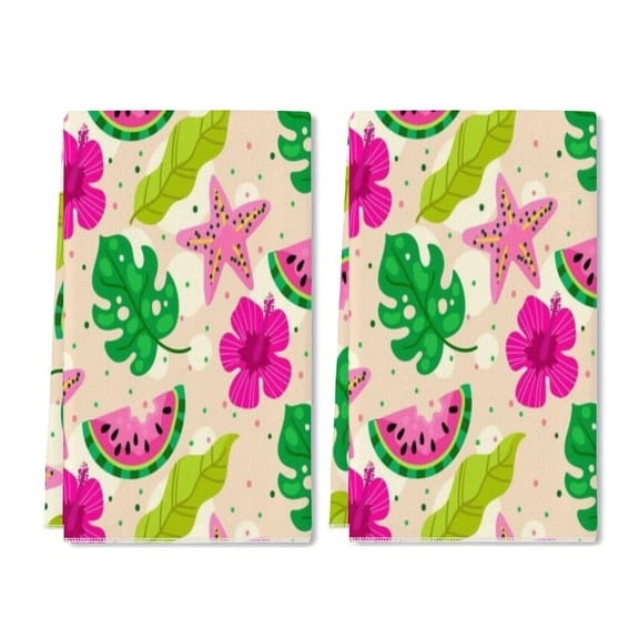 Zhmjortal Kitchen Cloth Towels,2 Pieces ,16x24 iInch, Summer Watermelon Flower Leaf Starfish Pattern, Washable Fast Drying Reusable Cleaning Cloth Towels
