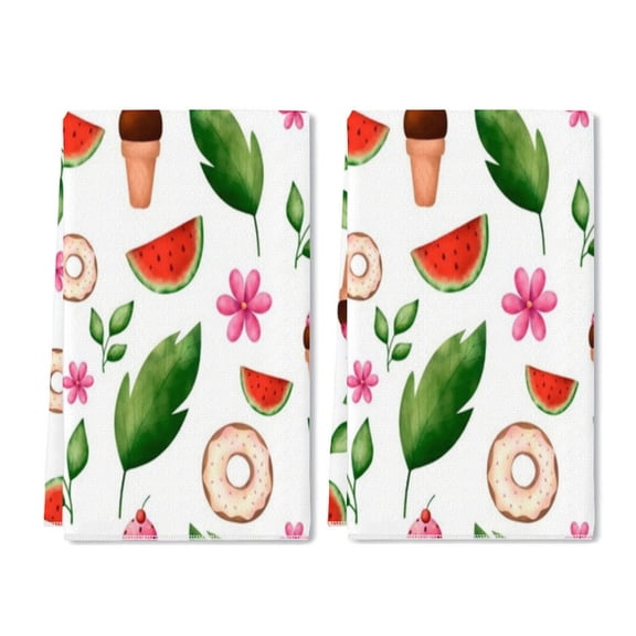 Zhmjortal Kitchen Cloth Towels,Set of 2 ,16x24 Inch,Summer Watermelon Donut Ice Cream Pattern, Washable Fast Drying Reusable Cleaning Cloth Towels