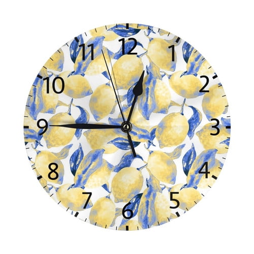 Zhmjortal Lemon Pattern Wall Clock Silent Non-Ticking Kitchen Desk Decor Clock Battery Operated Quartz Analog Round Clocks 10 in for Bedroom Bathroom Living Room