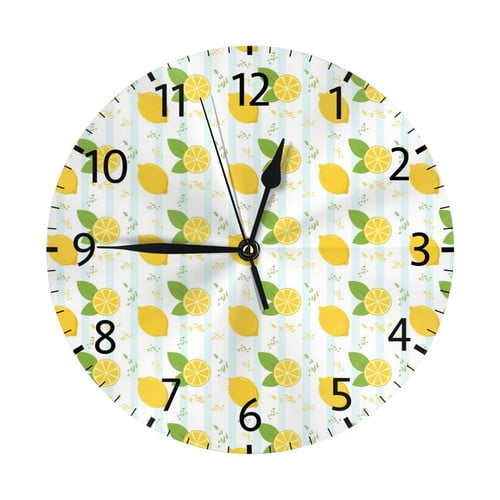 Zhmjortal Lemon pattern Wall Clock Silent Non-Ticking Kitchen Desk Decor Clock Battery Operated Quartz Analog Round Clocks 10 in for Bedroom Bathroom Living Room