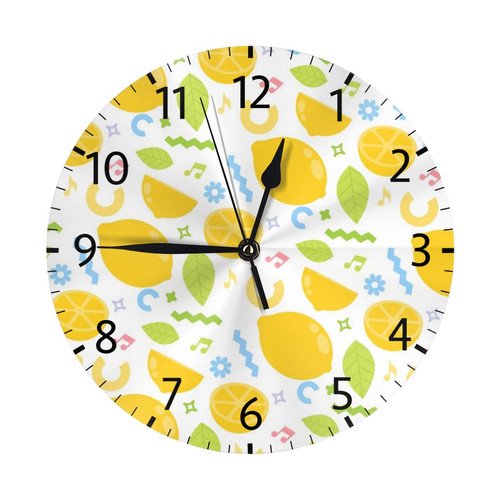 Zhmjortal Lemons Pattern Silent Non Ticking Clock 10 Inch,Round Wall Clock,Decorative for Living Room, Kitchen, Home,Bathroom, Bedroom, Office or School Yellow