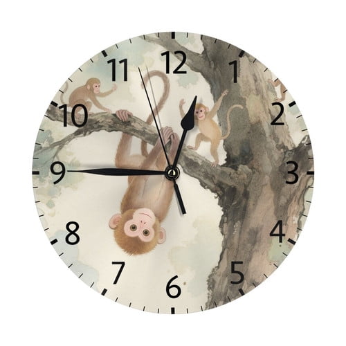 Zhmjortal Monkey Pattern Wall Clocks Battery Operated 10 inch - Quiet Silent Round Clock Non-Ticking Desk Clock Decor for Kitchen Bathroom Living Room Office School Home Decorations