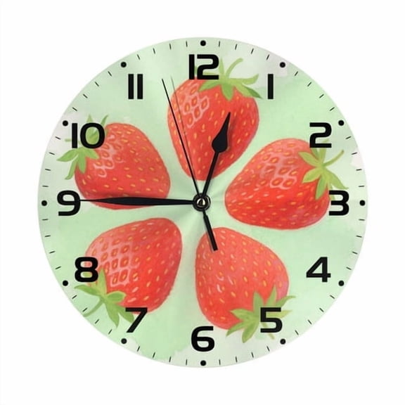 Zhmjortal Round Wall Clock Silent Non-Ticking Battery Operated Clock 10 Inch, Strawberry Pattern Home Decor for Living Room, Kitchen, Bedroom, and Office