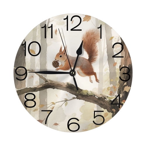 Zhmjortal Squirrel Pattern Wall Clock 10 Inch Battery Operated Wall Clock Non Ticking Silent Decorative Clock for Living Room Office Bedroom Home Decor