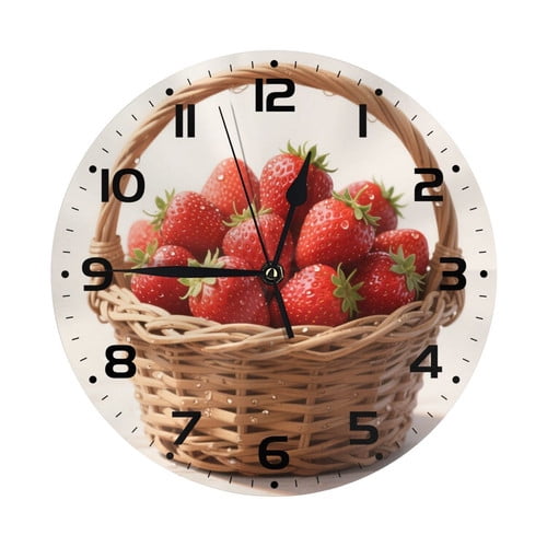 Zhmjortal Strawberry Wall Clock, Round Silent Non-Ticking Battery Operated Clock 10 Inch, Home Decor for Living Room, Kitchen, Bedroom, and Office