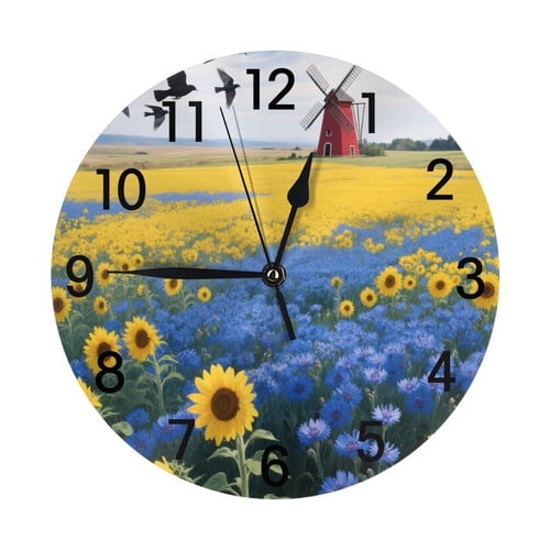 Zhmjortal Wall Clock, Flower And Windmill Patterns Wall Clock Silent Non-Ticking Battery Operated Clock 10 Inch, Home Decor for Living Room, Kitchen, Bedroom and Office