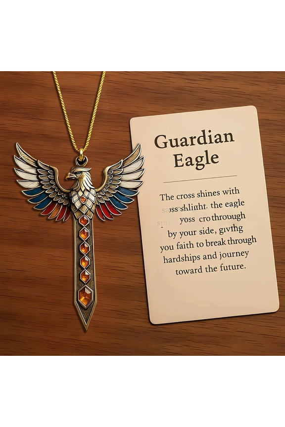 Eagle Holy Sword Keychain With Motivation Card, Patriotic White Blue Red Feathers Orange Gemstone Hilt Inspirational Resilience Protection Reminder Art Collection Gift for Courage Seekers