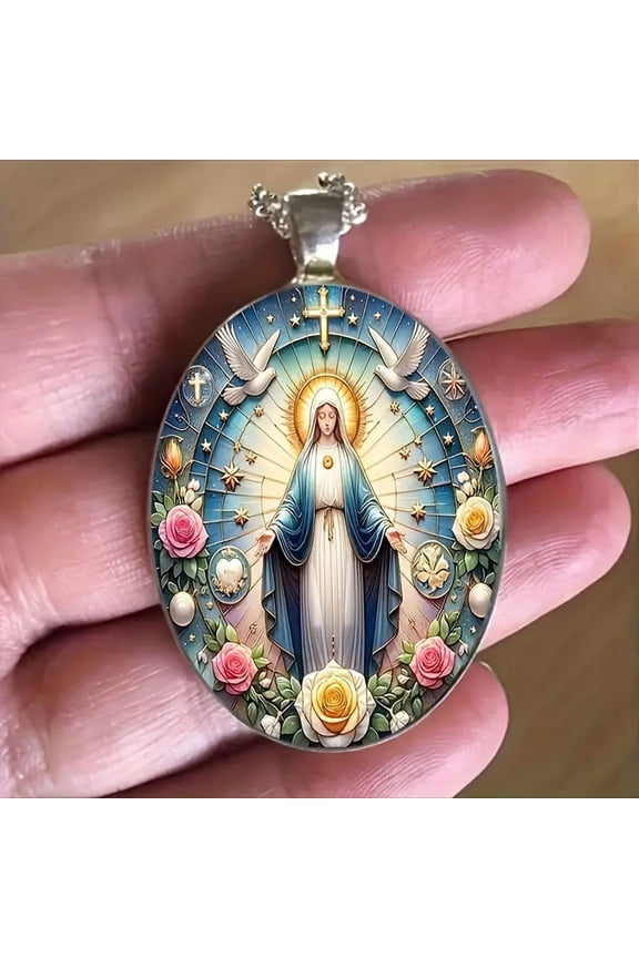 Mary Necklace, Exquisite Religious Symbolic Details Resin Coating Stainless Steel Chain 50cm Adjustable Length Catholic Devotion Gift for First Communion Confirmation Daily Wear