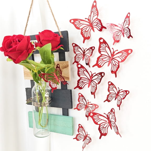 Zhmrfg Valentine's Day Decor-12Pcs Flash Gold Bowknot Butterfly Stickers, 3D Double-Layer Red Plastic Loves Freedom Symbol Decor for Party Table Centerpiece Gift Box Wall Valentine's Day Gift Wedding