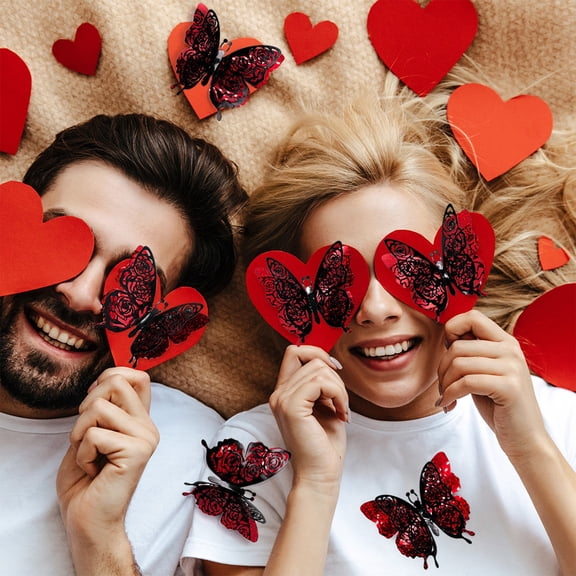 Zhmrfg Valentine's Day Decor-6Pcs Flash Gold Bowknot Butterfly Stickers, 3D Double-Layer Red Plastic Shiny Metallic Decor for Gift Wrapping Wall Window Furniture Valentine's Day Wedding Party Festive