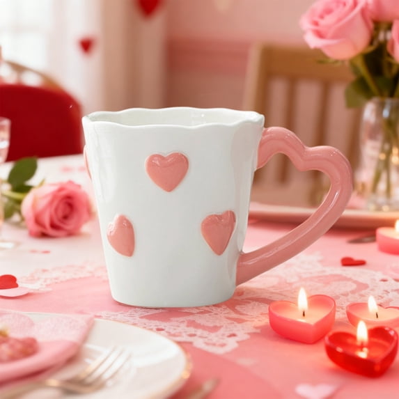 Zhmrfg Valentine's Day Decor Couple's Mug Ceramic Romantic Heart Pattern Comfortable Grip Easy To Clean Decor For Daily Drinking Coffee Tea Valentine's Day Gift Lovers Couples Romantic Dinners Home