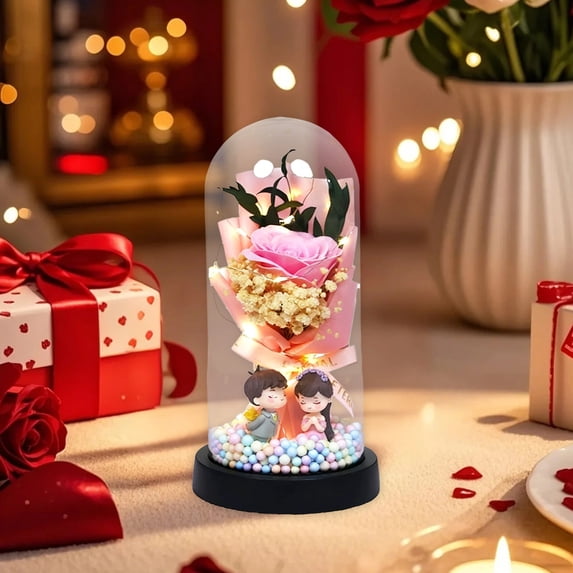 Zhmrfg Valentine's Day Decor Glass Cover Rose Soap Flower Bouquet, Luminous Everlasting Flower Arrangement Decor for Valentine's Day Gift Girlfriend Wife Birthday Home Desk Romantic Display Shelf