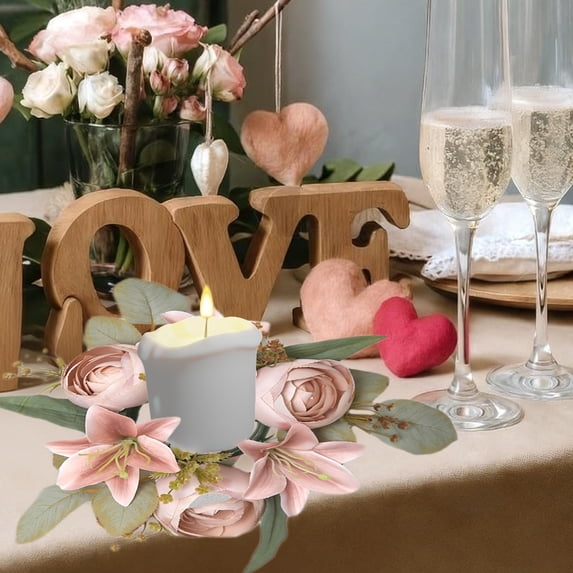 Zhmrfg Valentine's Day Decor Simulated Lily Candlestick Wreath, Multicolor Floral Candleholder for Valentine's Day and Living Room Decor, Soft Pink and Orange, Romantic Home Ambiance