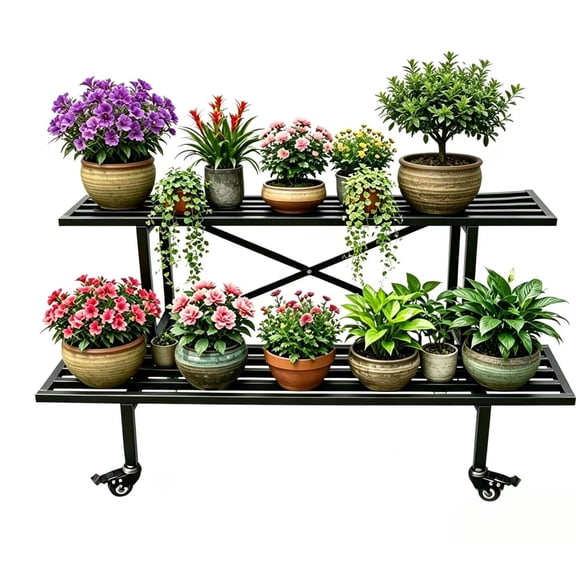 Zhongma 2 Tier Sturdy Metal Plant Stand with Wheels Heavy Duty Plant Holder for Home Indoor and Outdoor,L45.67 x W17.5 x H16.14 inch,440 LBS Capacity & Heavy Duty Construction