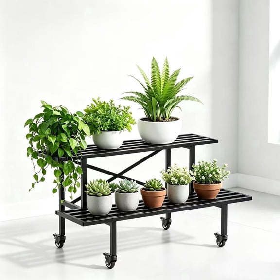 Zhongma 2-Tier Heavy-Duty Rolling Metal Plant Stand, 45.67"L x 17.5"W x 16.14"H, 440 LBS Load Capacity, Plant Shelf for Indoor & Outdoor Garden