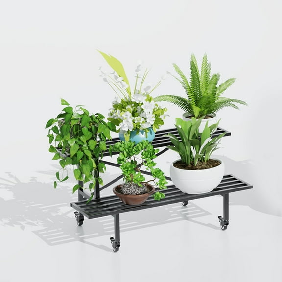Zhongma 2 Tier Sturdy Metal Plant Stand with Wheels, L35.43 x W17.5 x H16.14 inch, Heavy Duty Plant Holder for Home Indoor and Outdoor,440 LBS Capacity & Heavy Duty Construction