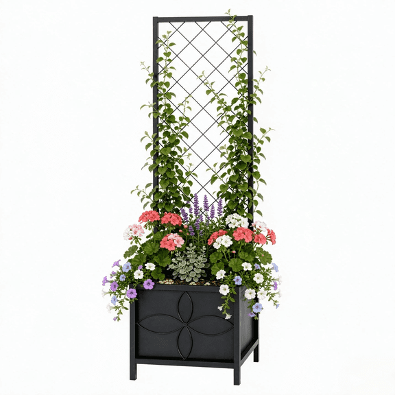 Zhongma Raised Garden Bed with Trellis, L15.75" x W15.75" x H55", Heavy-Duty Metal Lattice Planter Box with Drainage Holes & Inner Fabric Liners for Climbing Plants