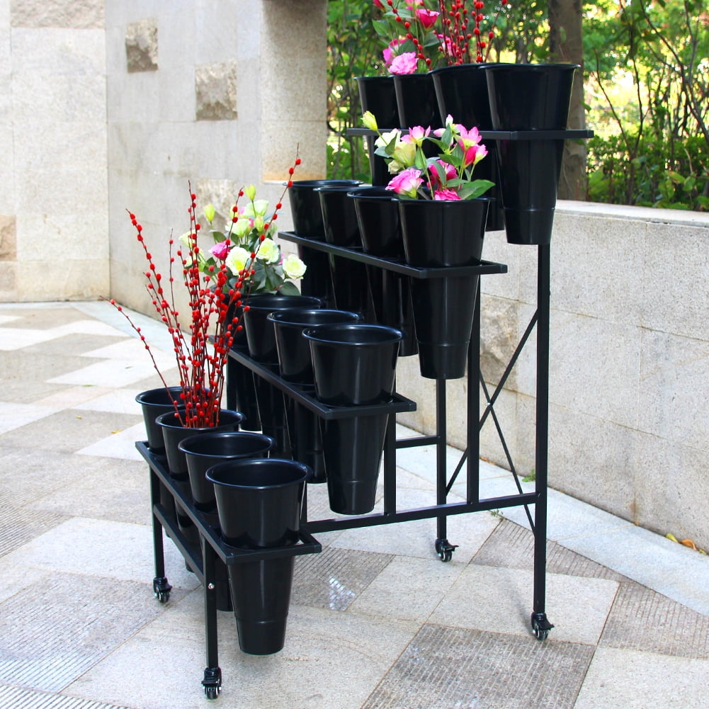 Black 4-Tier Steel Flower Display Stand with Plastic Buckets