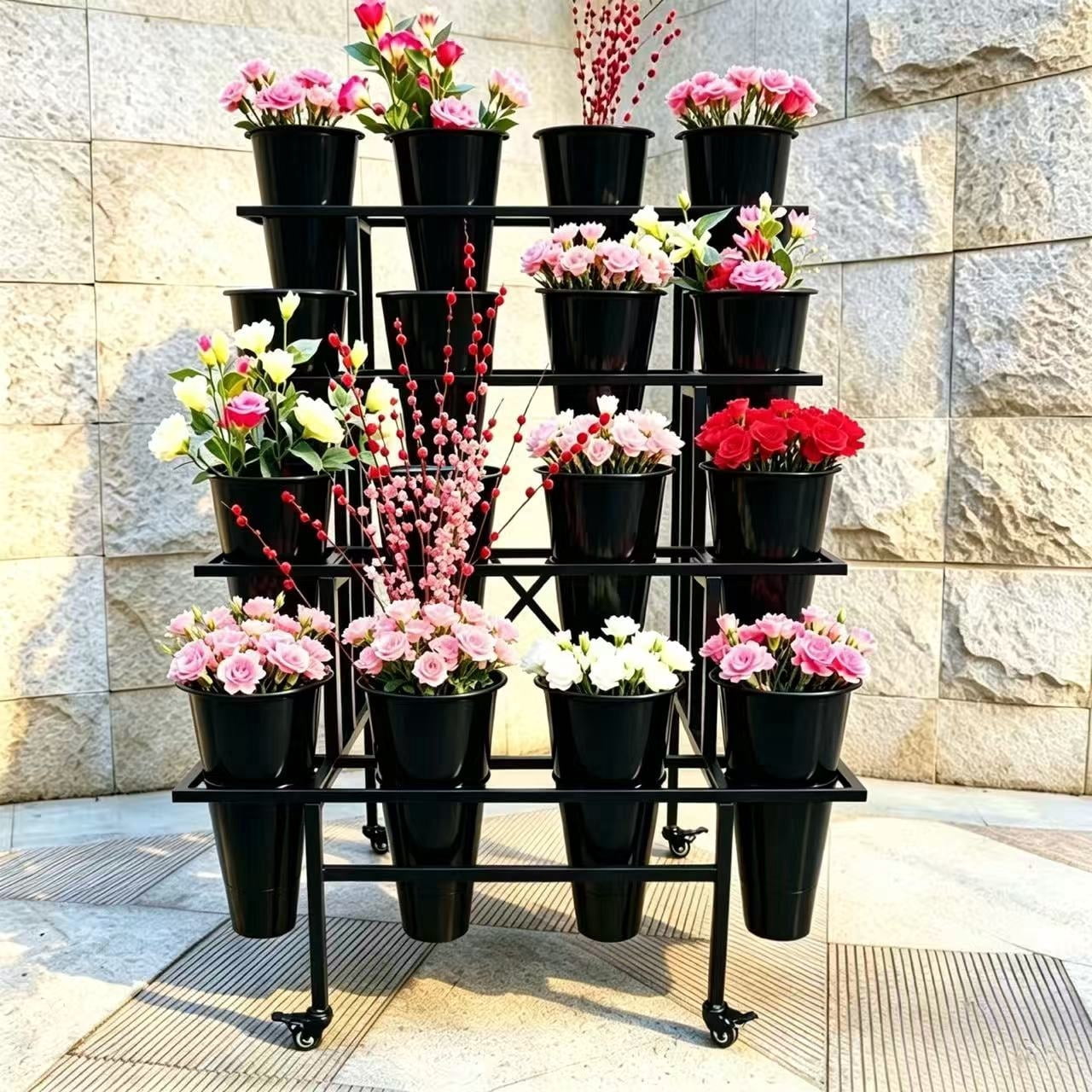 Zhongma Silk Flower Display Stand, 16 Plastic Buckets, Heavy Duty
