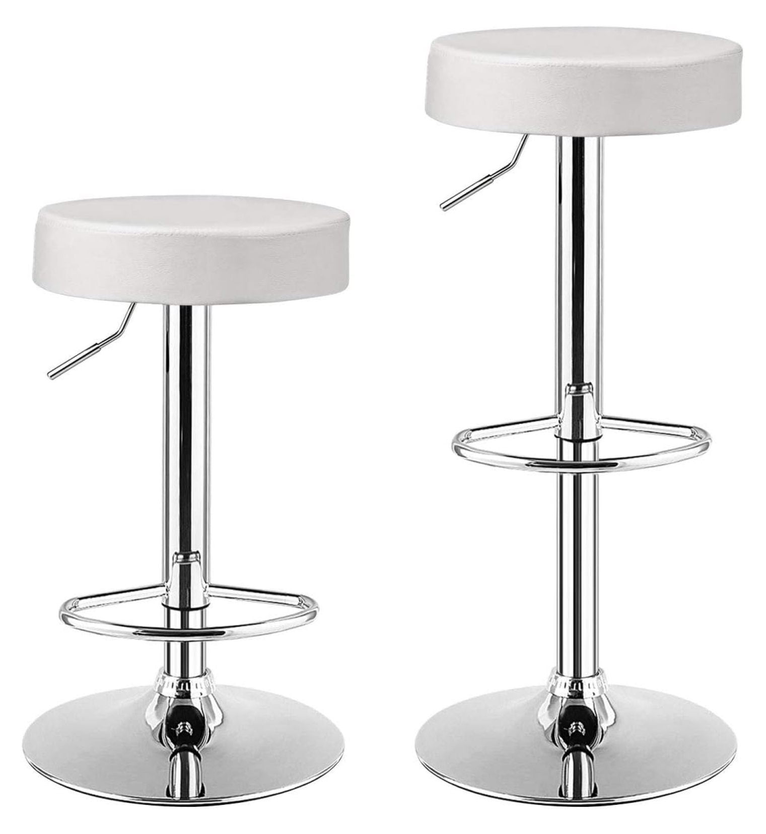 White Adjustable Swivel Backless Leather Bar Stools, Set of 2
