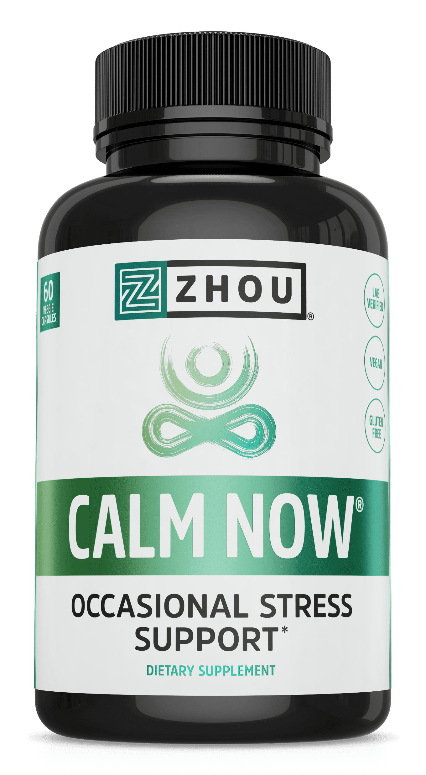 Zhou Calm Now Soothing Stress Support with B Vitamins, Ashwagandha, Magnesium & Zinc, Relax, Focus & Positive Mind, Non-GMO, Vegan, Gluten-Free, 30 Servings - 60 VegCaps