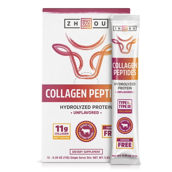 Zhou Collagen Peptides Stick Packs Hydrolyzed Powder | For Vital Joint & Bone Support, Glowing Skin, Strong Hair & Nails, Digestive Health | Unflavored | 15 CT