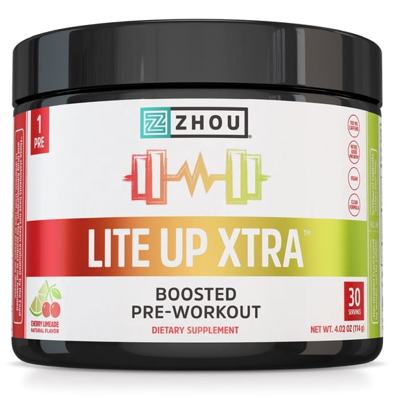 Zhou Lite Up Xtra - Sugar Free Pre Workout Powder for Women & Men, Preworkout Supplement with Caffeine for Clean Energy, Amino Acid Support, Hydrate & Focus, Plant Based - 30 Scoops