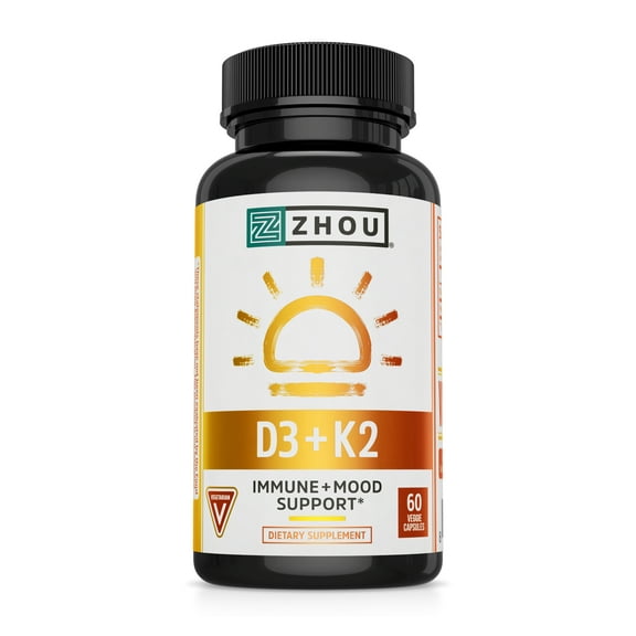 Zhou Nutrition Vitamin D3 K2, Bone and Heart Health Formula 5000 IU Vitamin D3 & 100 mcg Vitamin K2, Max Strength 2 in 1 Immune Support and Calcium Absorption, Gluten Free, 60 Count