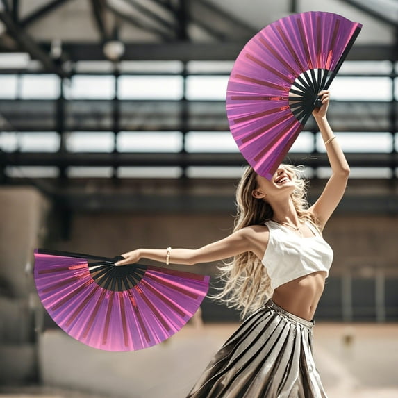 Zhourta 13Inch Pop Fans for Line Dancing Kung Fu Fan Handheld Dance Fan PVC Colorful Fan Reflective Decorative Fabric Folding Fan