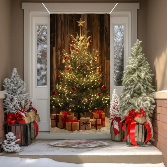 Zhourta 35 X 71Inch Christmas Door Cover Christmas Tree Merry Christmas Door Banner and Wall Decoration Festival Party Decoration