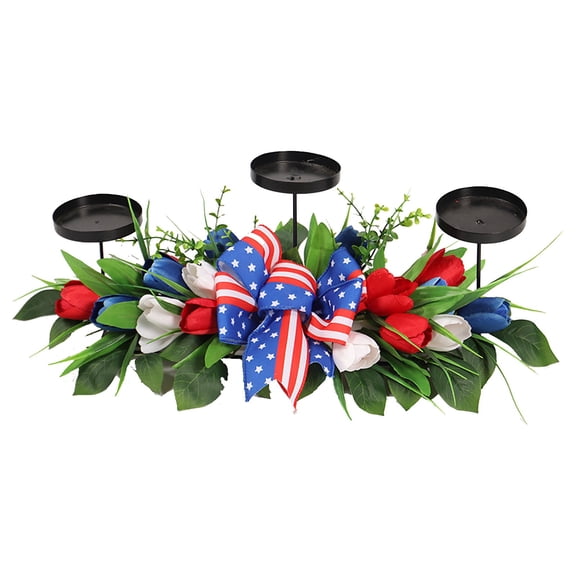 Zhourta 4th of July Candle Holder with Simulation Flowers Decor Patriotic American Flag Design Metal Table Centerpiece for Memorial Day No Candles Included
