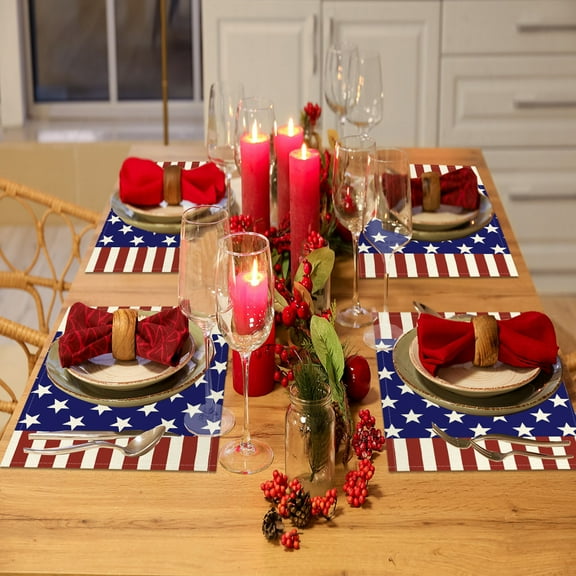 Zhourta 4th of July Table Mats Set of 4 - Patriotic American Flag Theme Waterproof Heat Resistant Dinner Placemats for Outdoor BBQ, Picnic, Holiday Decor 13x17 Inch