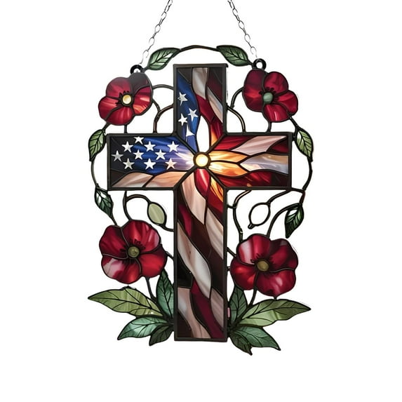 Zhourta 4th of July Cross Flag Hanging Acrylic Patriotic American Star Spangled Banner Porch Decor for Memorial Day Christian Home