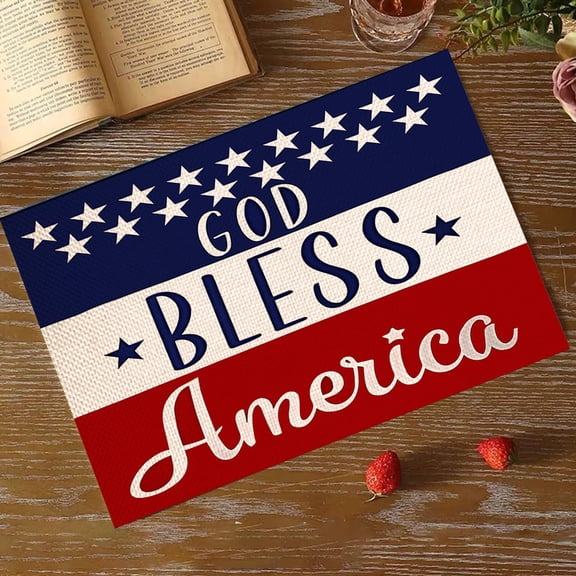 Zhourta 4th of July Table Mats 17.7x11.8Inch Patriotic Independence Day Kitchen Dining Decor Washable Oil Resistant Linen Placemats for Party