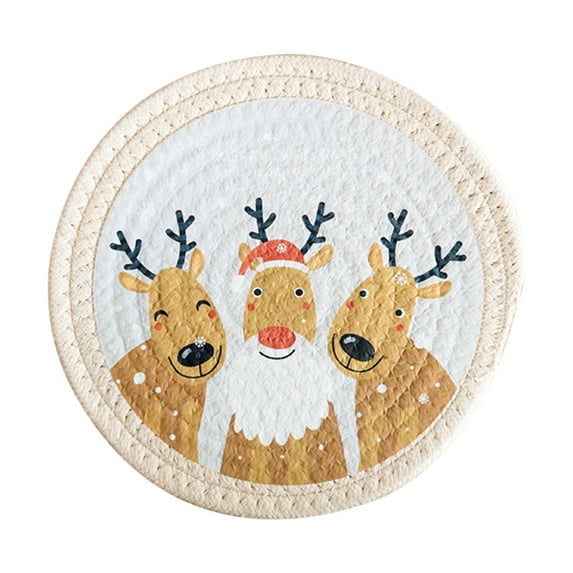 Zhourta Christmas Round Insulated Placemat Cotton Rope Braided Plate Mat Elk Snowman Pattern Decoration Non Slip for Dining Table Holiday Party Decoration