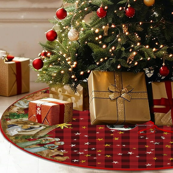 Zhourta Christmas Tree Skirt Plaid Cartoon Print Rustic Holiday Party Scene Decoration Soft Tree Bottom Apron Christmas Tree Mat Red