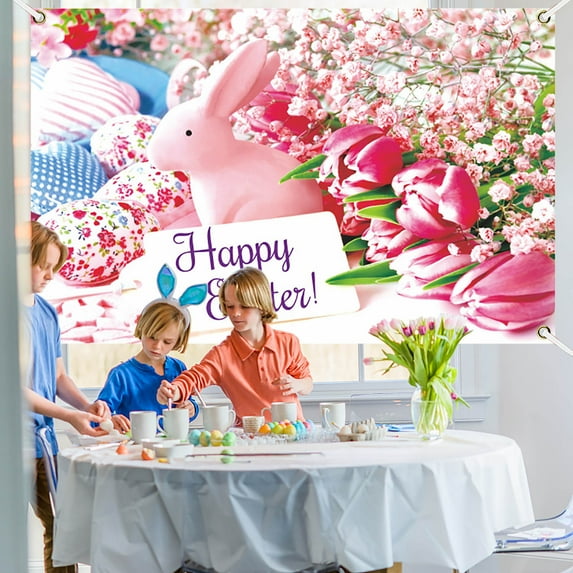 Zhourta Easter Backdrops for Photography Hanging Easter Banner Spring Colorful Eggs Fence Grass Wall Decor Photography Background Party Decoration 5.9×3.8ft