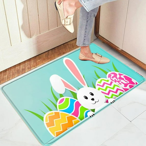 Zhourta Easter Door Mat for Outside Entry Kitchen Mats Cute Bunny Egg Flowers Decoration Non Slip Washable Greeting Party Decorations 15.74x23.62Inch