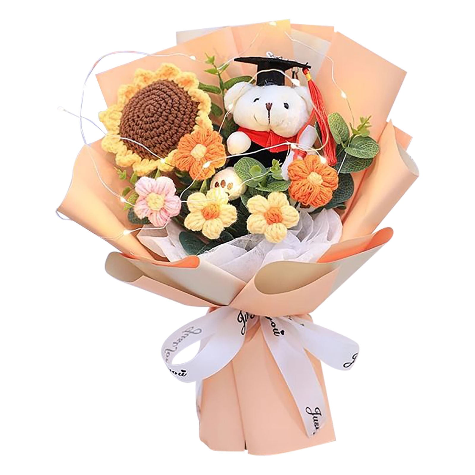 Zhourta Graduation Plush Flower Bouquet Knitted Bear PhD Teddy with Faux Sunflower Gift for Graduates Valentine's Day and Anniversary