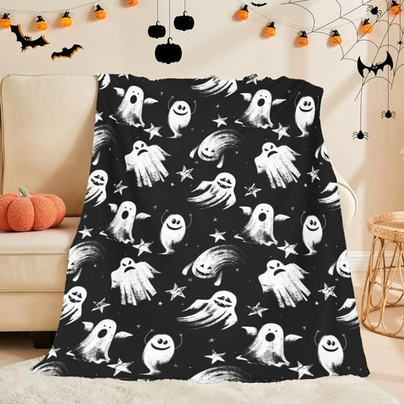 Zhourta Halloween Ghost Blanket Decoration 40x28 Inches Soft Flannel Throw for Sofa Nap and Air Conditioning Spooky Themed Bedding