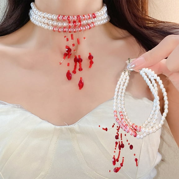 Zhourta Halloween Pearl Fringe Jewelry Set Red Bracelet Necklace Earrings Gift for Grandma Mom Daughter Girlfriend