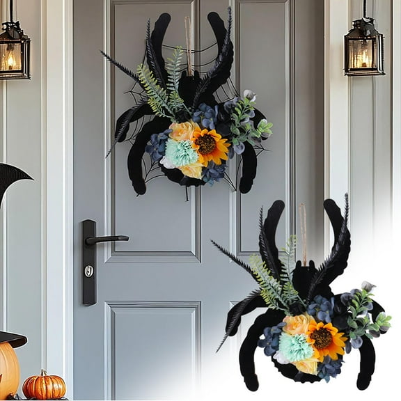 Zhourta Halloween Realistic Spider Wreath Creepy Crawly Door Hanging Decor with Fuzzy Arachnids for Porch Window House Party Scary Display