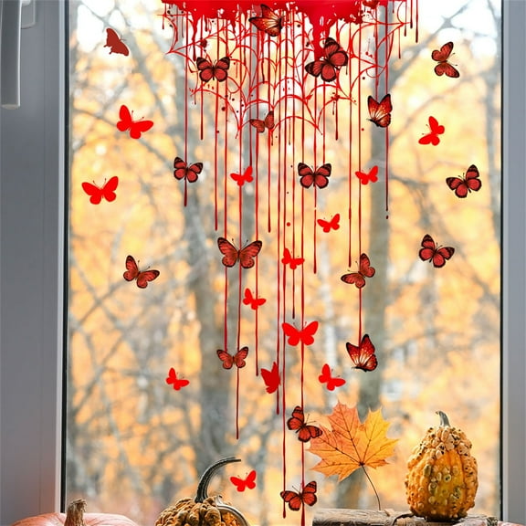 Zhourta Halloween Spider Web Butterfly Red Party Decorations Scary Creepy Wall Window Stickers for House Festive Atmosphere