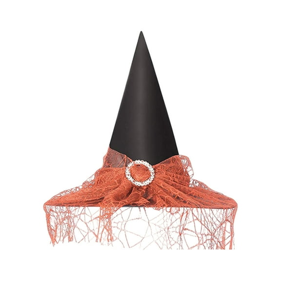 Zhourta Halloween Witch Hat Lace Face Cover Classic Pointed Spooky Headwear for Adults All Ages Costume Parties and Gothic Photo Props