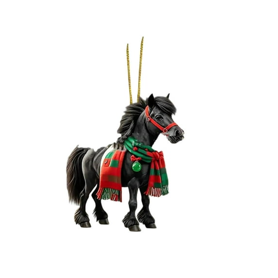 Zhourta Hanging Horse Ornament 3 Colors Cute Pony Acrylic 2D Flat with Festive Scarf and Bell for Christmas Tree Car Decor Holiday Gift Home Decoration