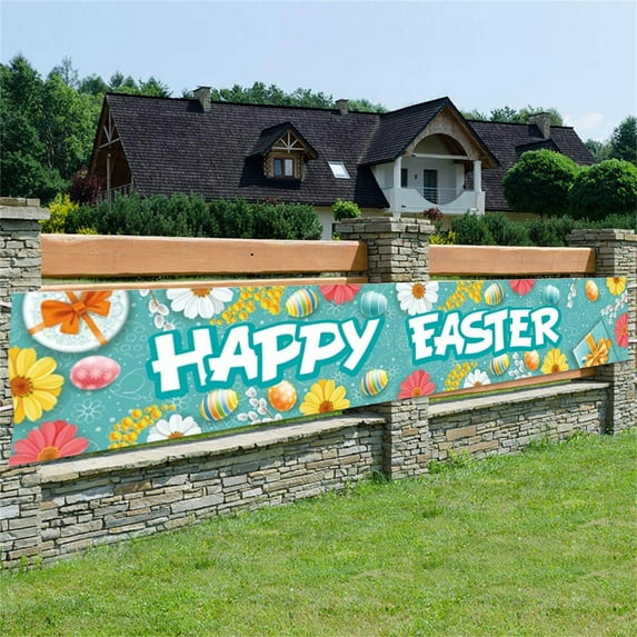 Zhourta Happy Easter Banner Garden Hanging Easter Sign Wall Decoration with Shape Of Cute Colorful Rabbits and Eggs for Indoor Outdoor Decorations 7.87×1.3Inch