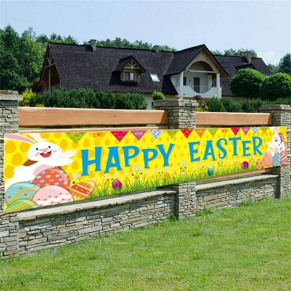 Zhourta Happy Easter Banner Garden Hanging Easter Sign Wall Decoration with Shape Of Cute Colorful Rabbits and Eggs for Indoor Outdoor Decorations 7.87×1.3Inch