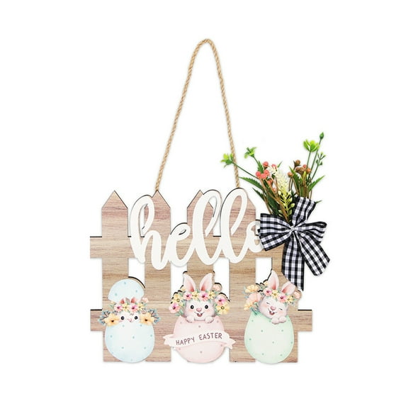 Zhourta Happy Easter Sign Wood Hanging Sign Wooden Easter Front Door Decorative Bunny Eggs Bow Tie Shaped Wall Hangings Fun Activity for All Ages